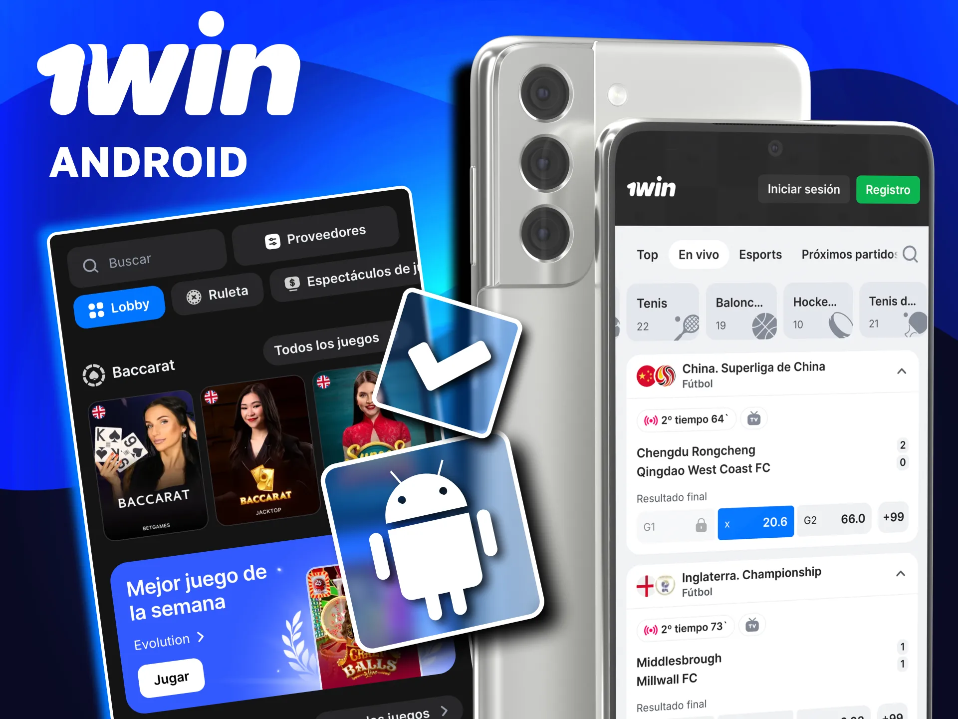 Aplicación Android 1win con gestión de cuenta y soporte integrado.