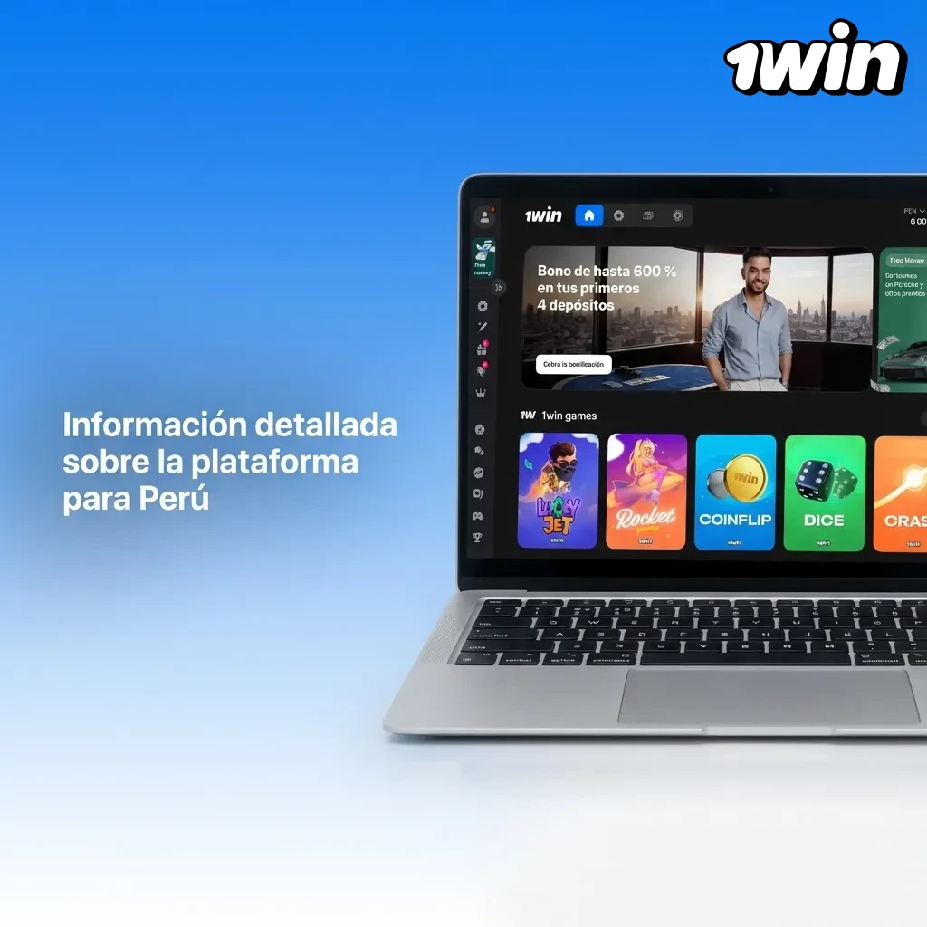 Pantalla de la casa de apuestas 1win mostrada en laptop y móvil, con partidos, cuotas y tragaperras para Perú