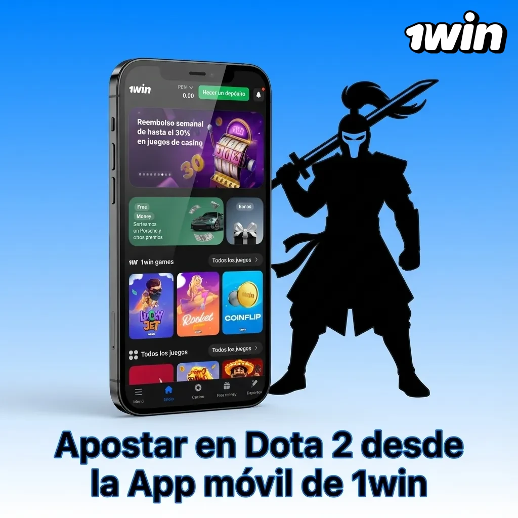 Ilustración de la app móvil 1win en un smartphone mostrando apuestas en vivo de Dota 2