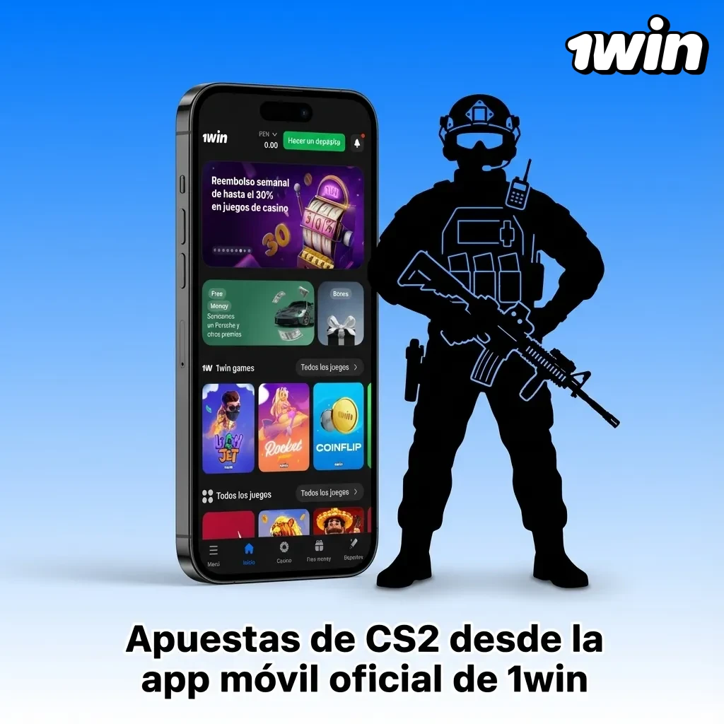 Mano usando la app móvil de 1win en un smartphone para apostar en partidos en vivo de Counter‑Strike 2