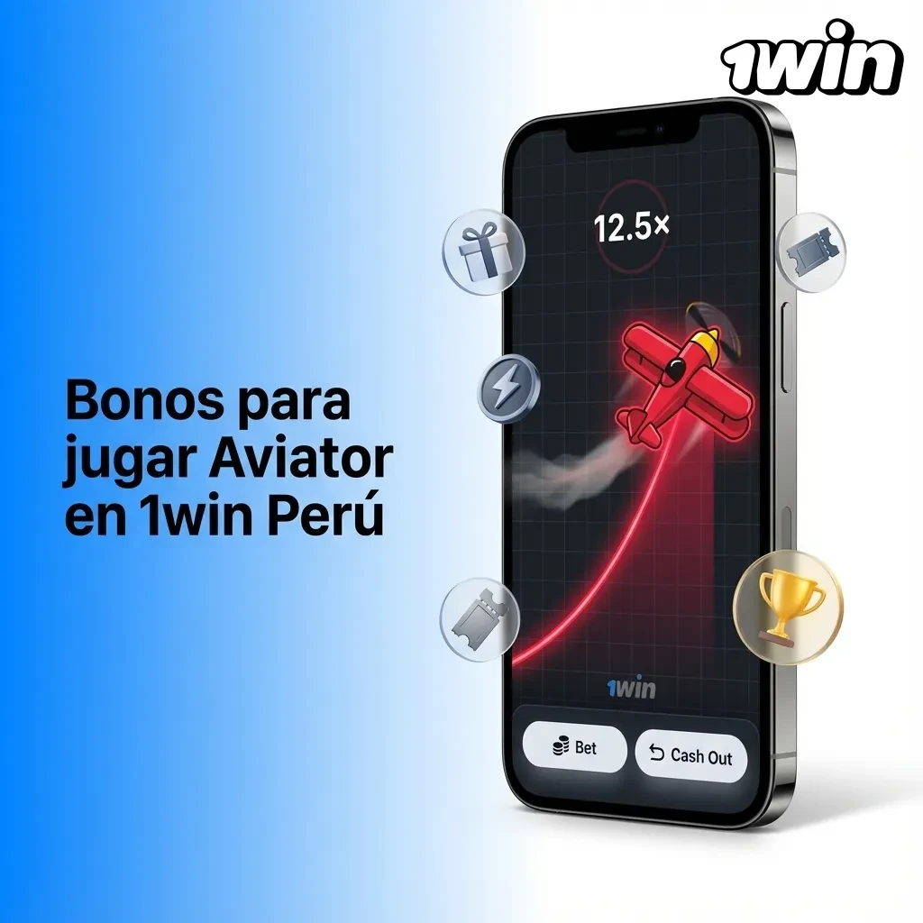 Banner de 1win Perú mostrando bonos de bienvenida para jugar Aviator y giros gratis en casino slots