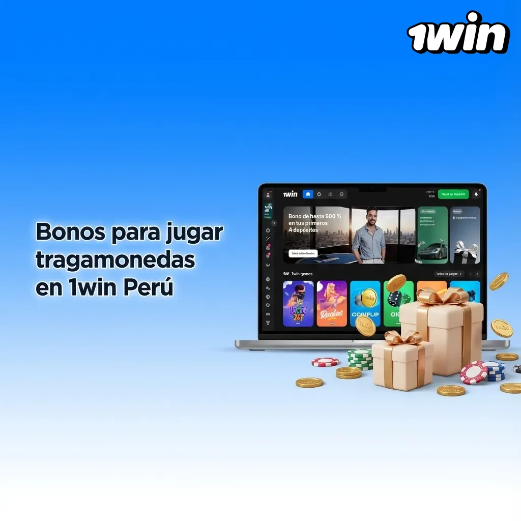 Promociones de 1win Perú mostrando bonos de bienvenida y recargas para jugar tragamonedas en línea