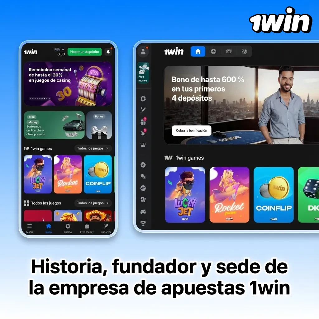 Ilustración corporativa de 1win con sede central internacional y elementos de apuestas deportivas y casino online.