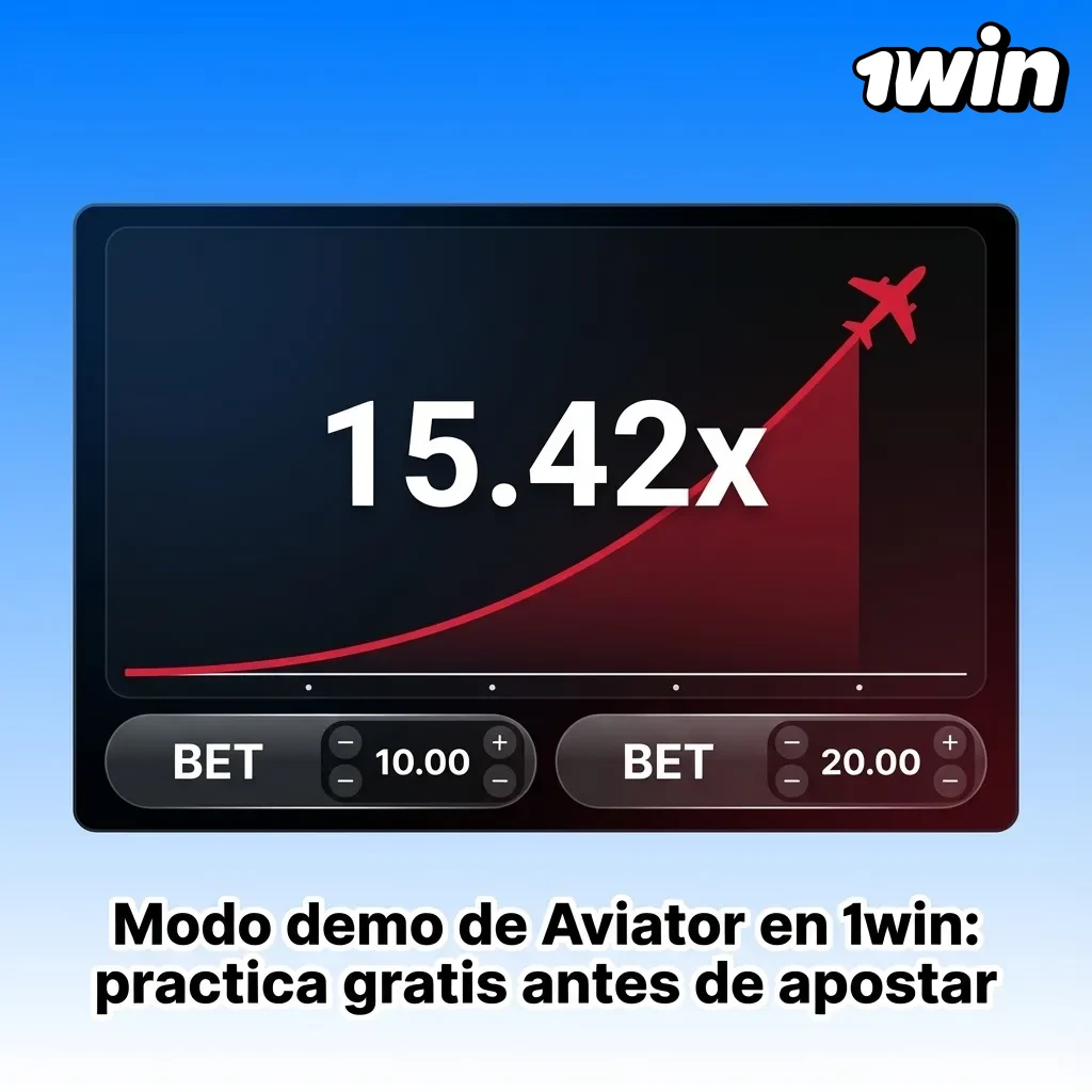 Interfaz de Aviator demo en 1win con avión despegando, saldo virtual y panel de apuestas para practicar sin riesgo