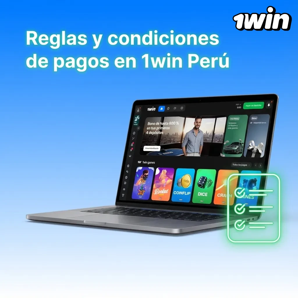 Ilustración de reglas de pago 1win Perú con íconos de verificación, límites y seguridad en transacciones en línea