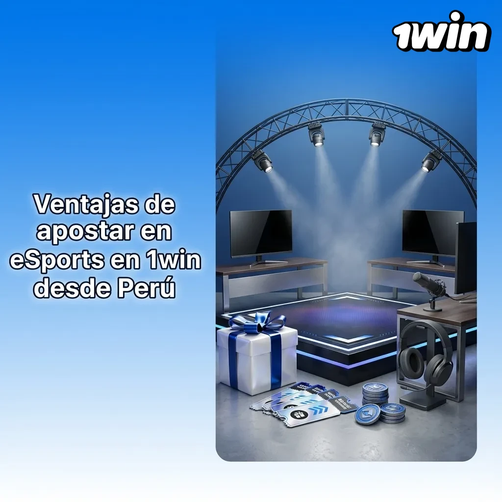Banner de 1win eSports para Perú, con gamer usando PC, cuotas destacadas, app móvil y métodos de pago locales visibles