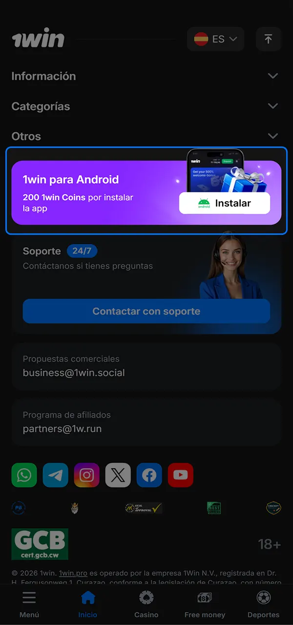 Descarga la cómoda aplicación 1win para Android.
