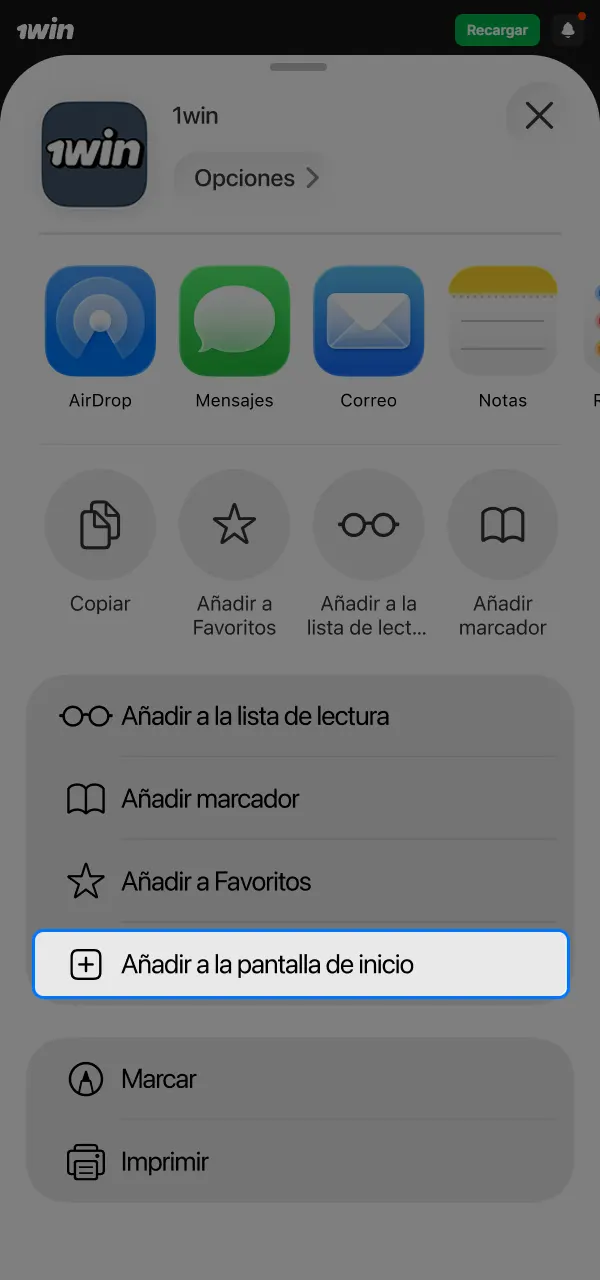 Añade acceso rápido a la aplicación 1win en iOS.