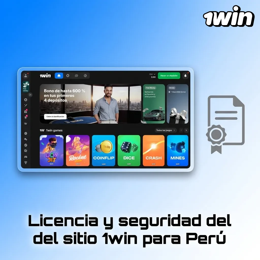 Pantalla del sitio 1win Perú mostrando sello de licencia, candado de seguridad SSL y menús de juego responsable y verificación KYC