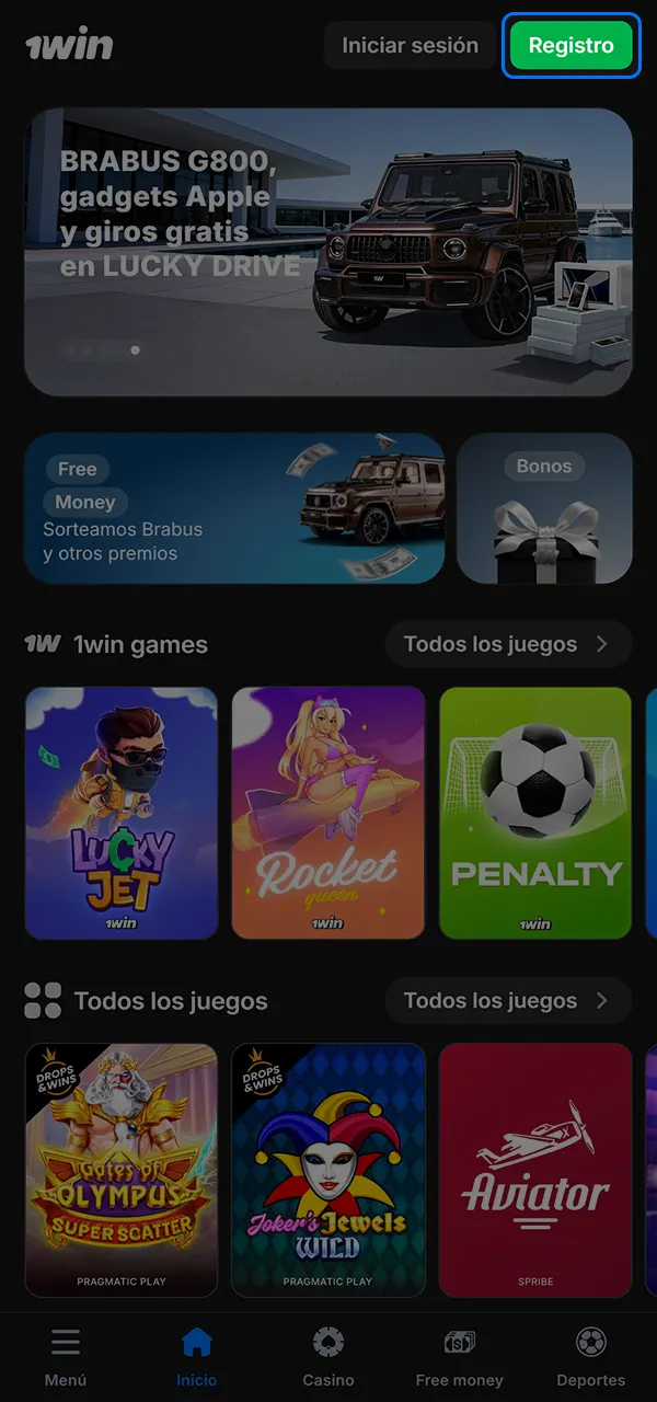 Crea una cuenta y regístrate en el casino 1win.