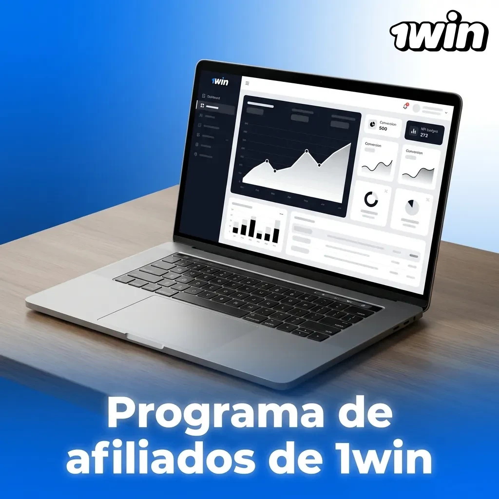 Banner del programa de afiliados 1win, con enlace único, gráficos de comisiones y panel de estadísticas en tiempo real