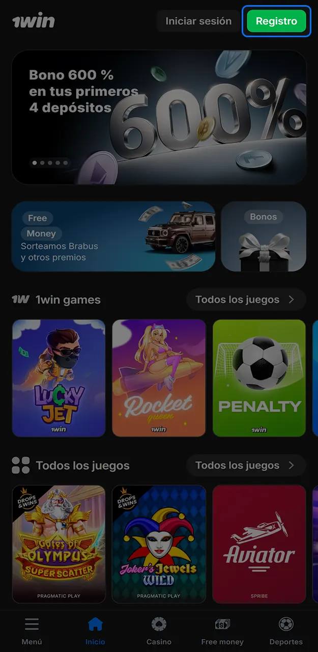 Abre el formulario de registro y crea una cuenta en el casino 1win.