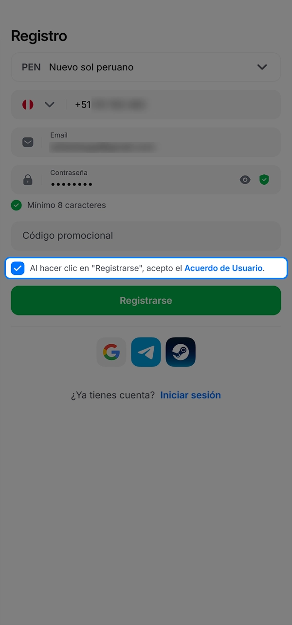 Acepta las condiciones de registro y empieza a jugar en el casino 1win.