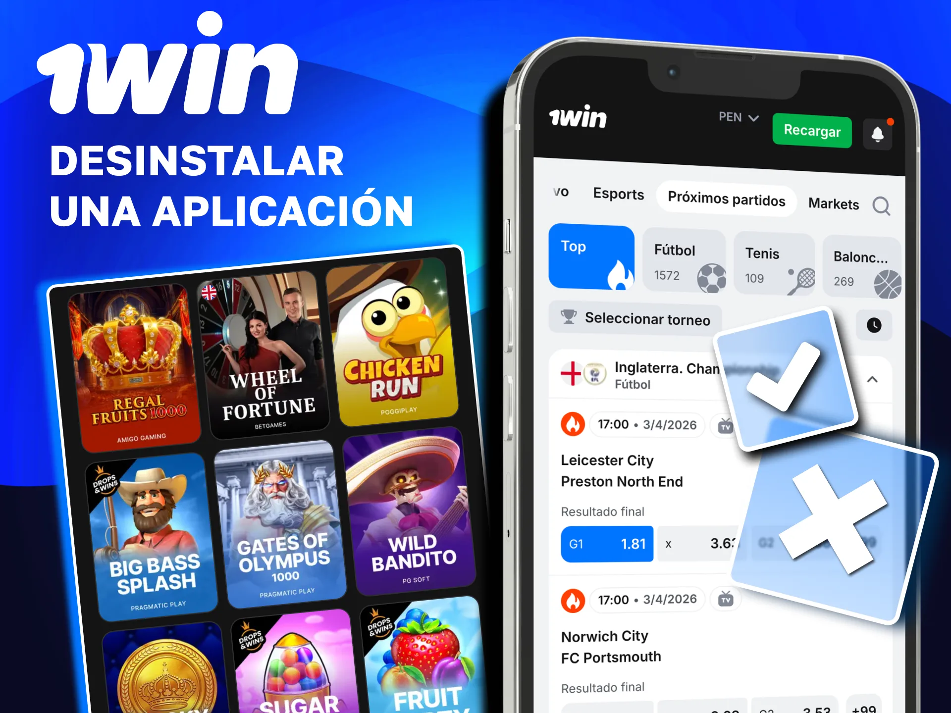 Elimina la aplicación 1win Perú con opción desinstalar confirmada.