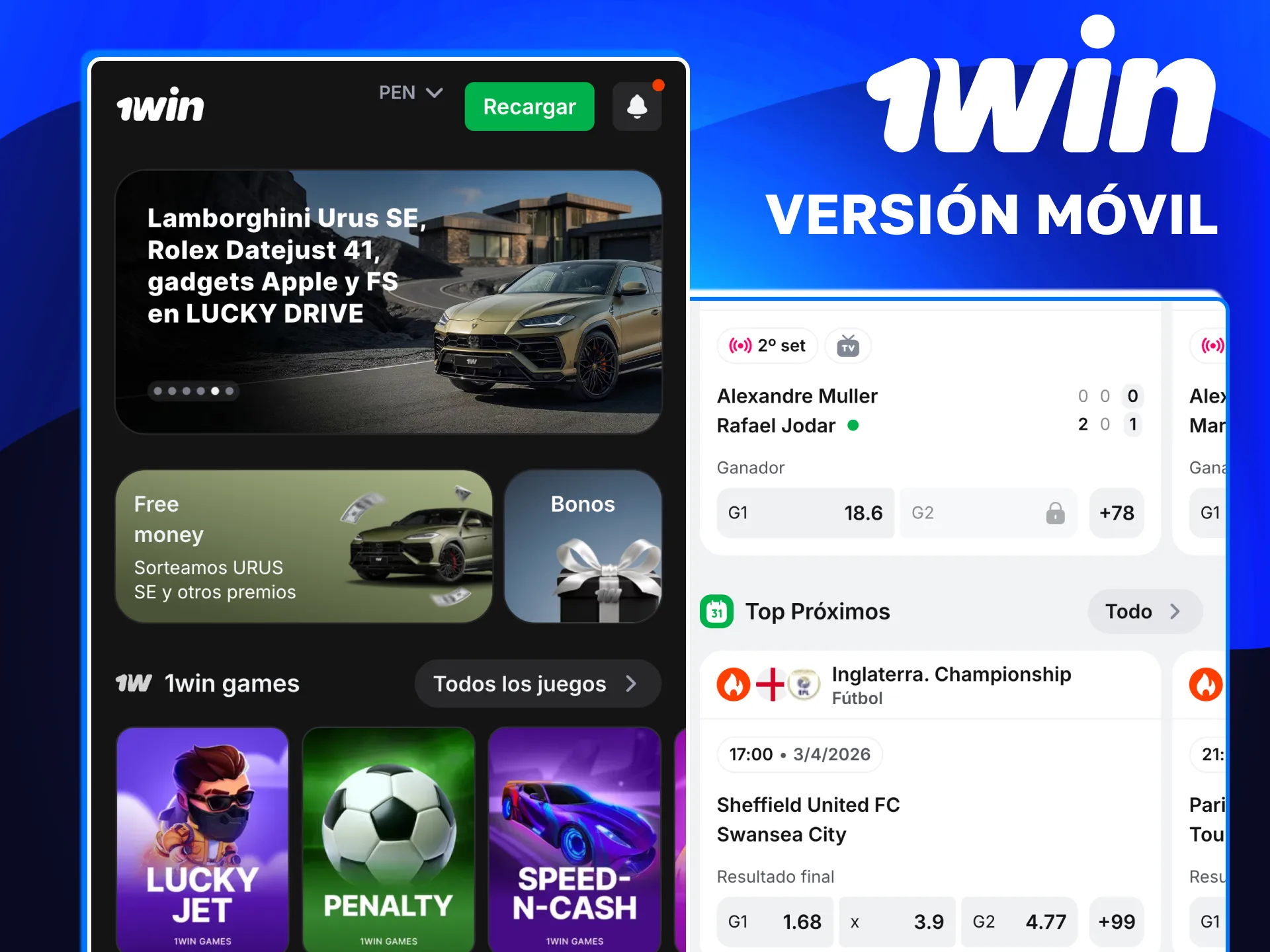 Versión móvil de 1win con apuestas y casino disponibles online.
