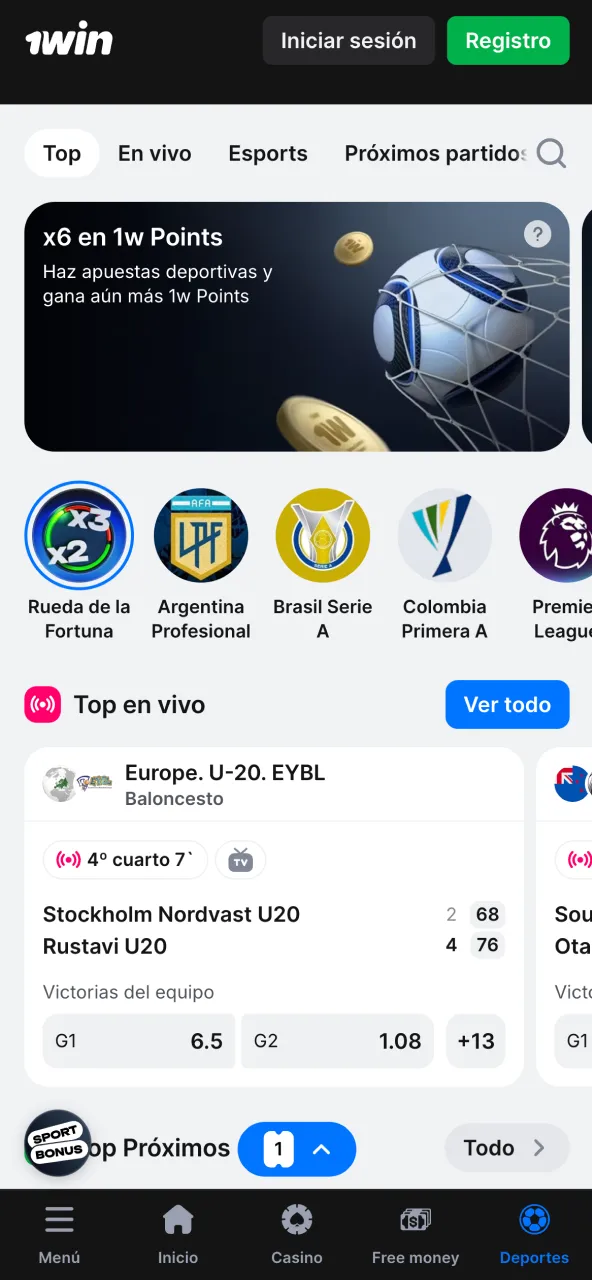 Apuestas deportivas y eventos deportivos en directo en la aplicación 1win.