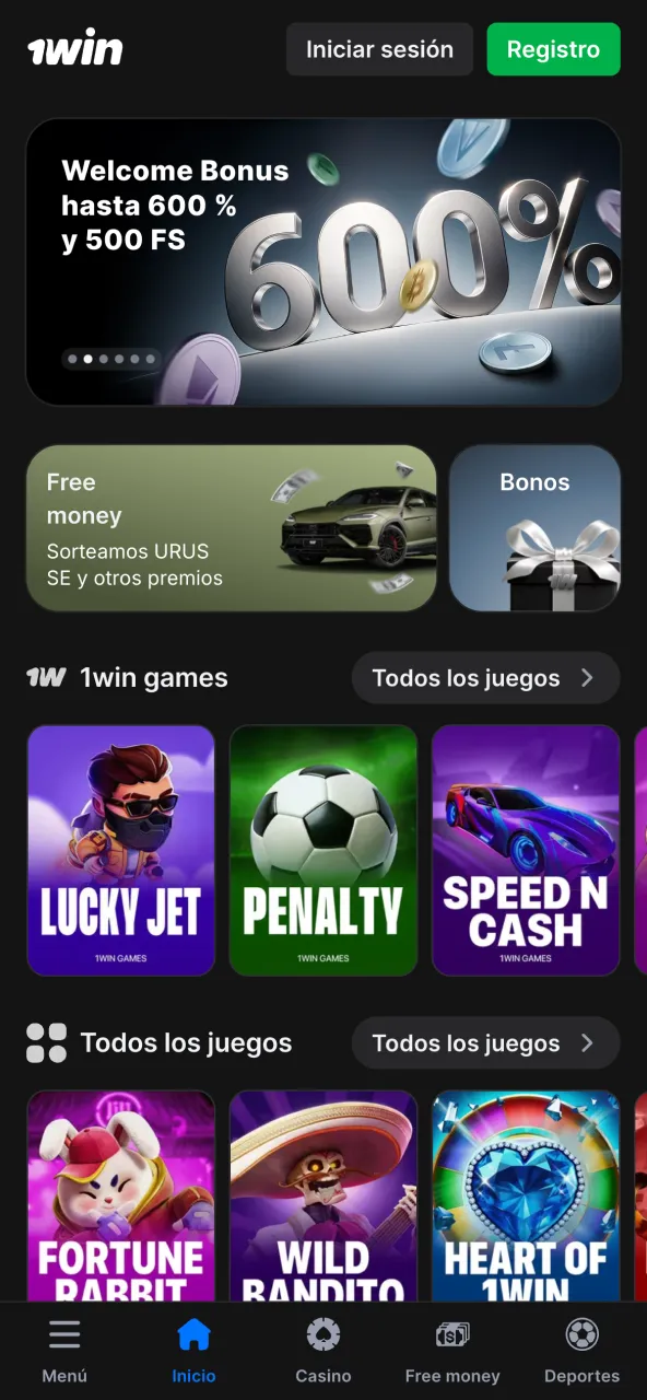 La página principal dice 1win en la aplicación.