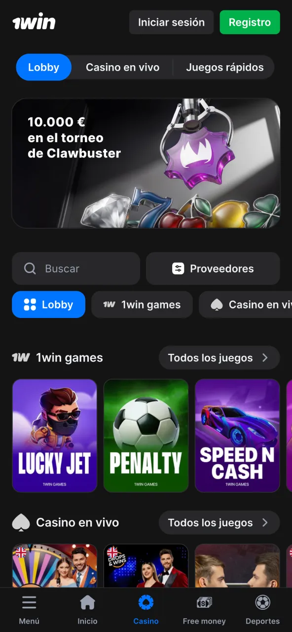 Análisis de la sección de juegos de casino en la aplicación 1win.