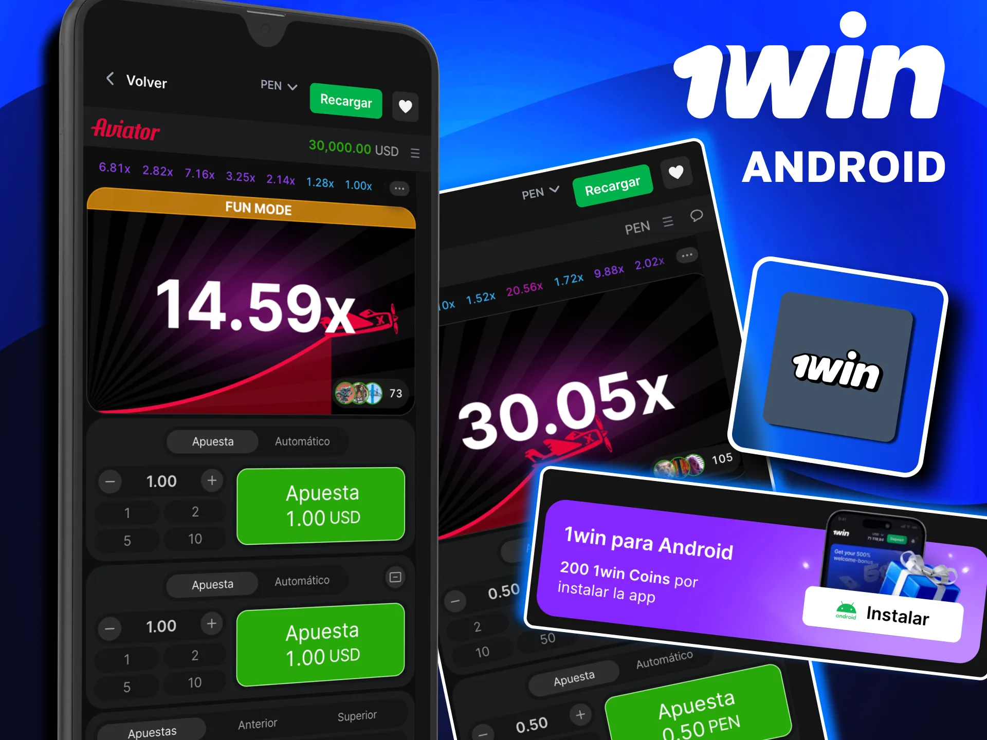 Instala la APK de 1win en tu móvil y juega Aviator con multiplicadores reales.