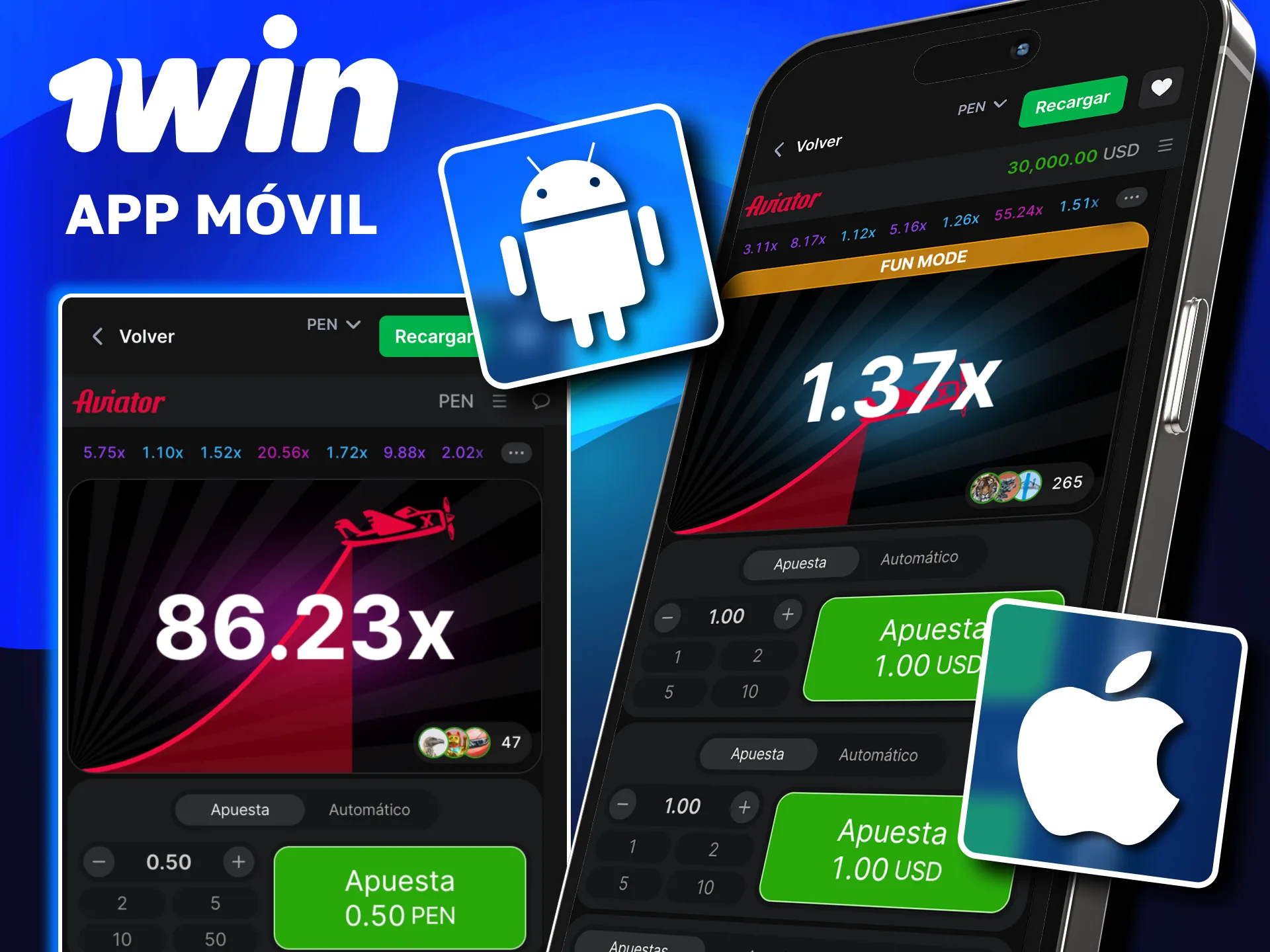 Aviator disponible en la app móvil de 1win para Android e iOS.