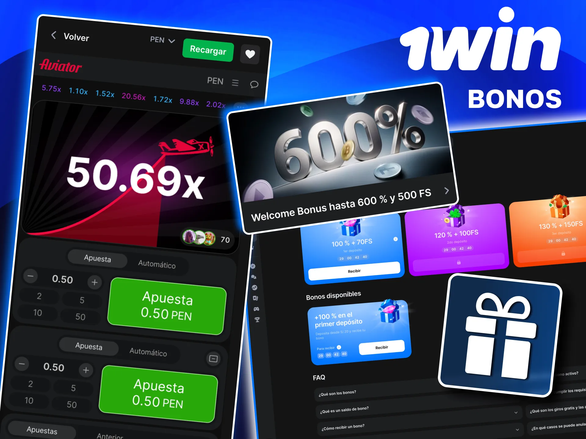 Paquete de bienvenida de casino en 1win para jugar Aviator con saldo adicional.