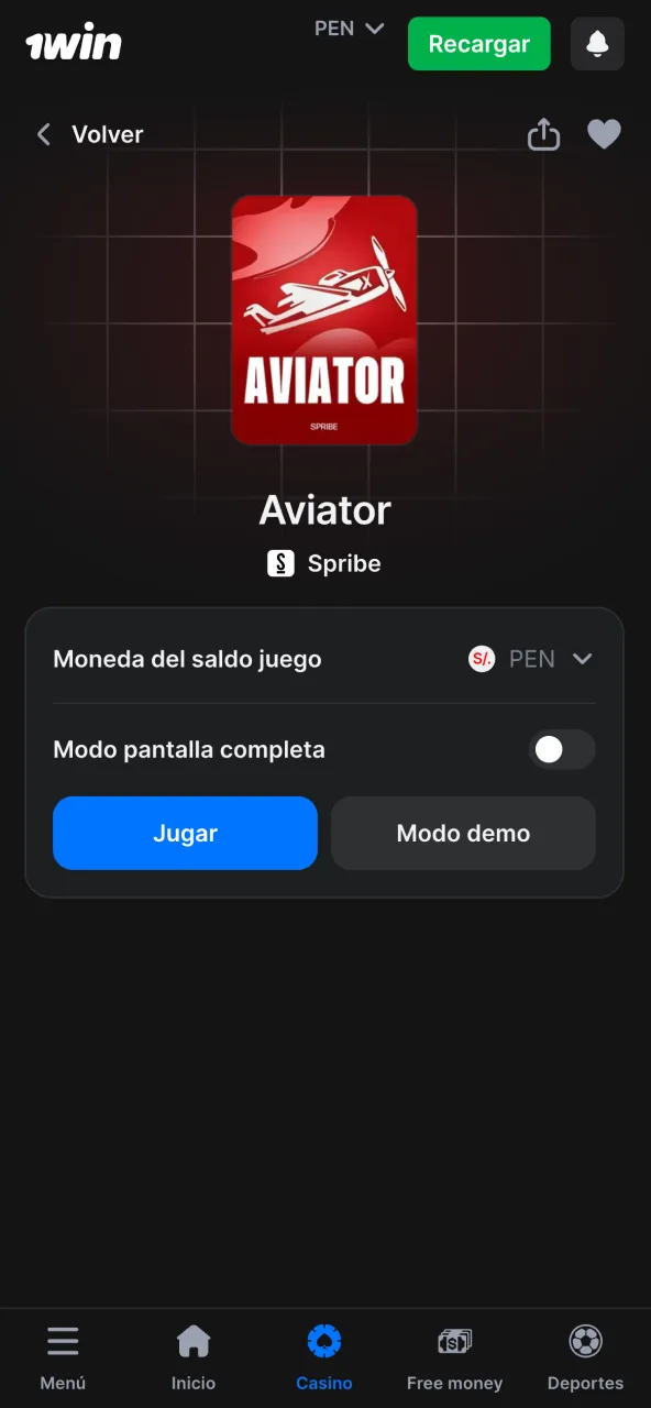 En 1win busca Aviator y elige entre modo demo gratis o dinero real.