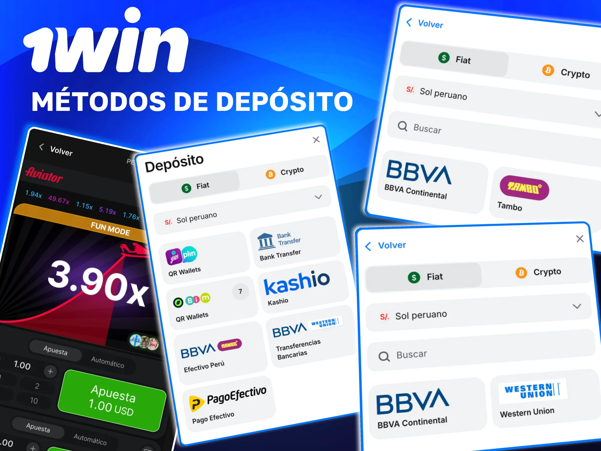 En 1win deposita en soles vía bancos locales, billeteras QR o efectivo para Aviator.