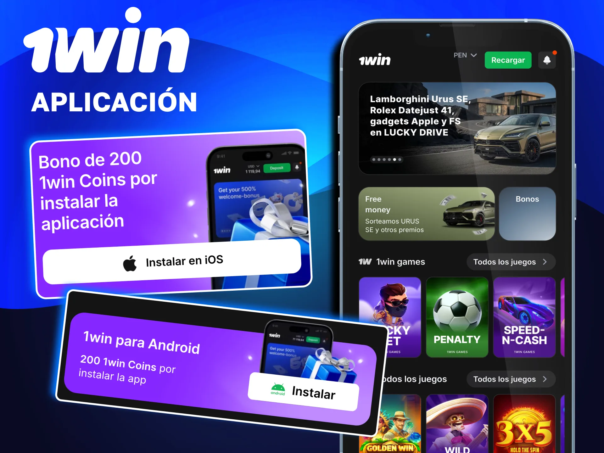 Bonificación en 1win con monedas internas tras instalar aplicación.