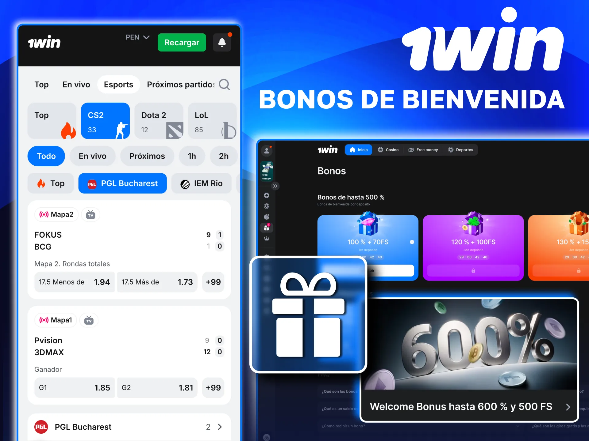 Paquete de bienvenida progresivo en 1win con bonos y promociones para CS2.
