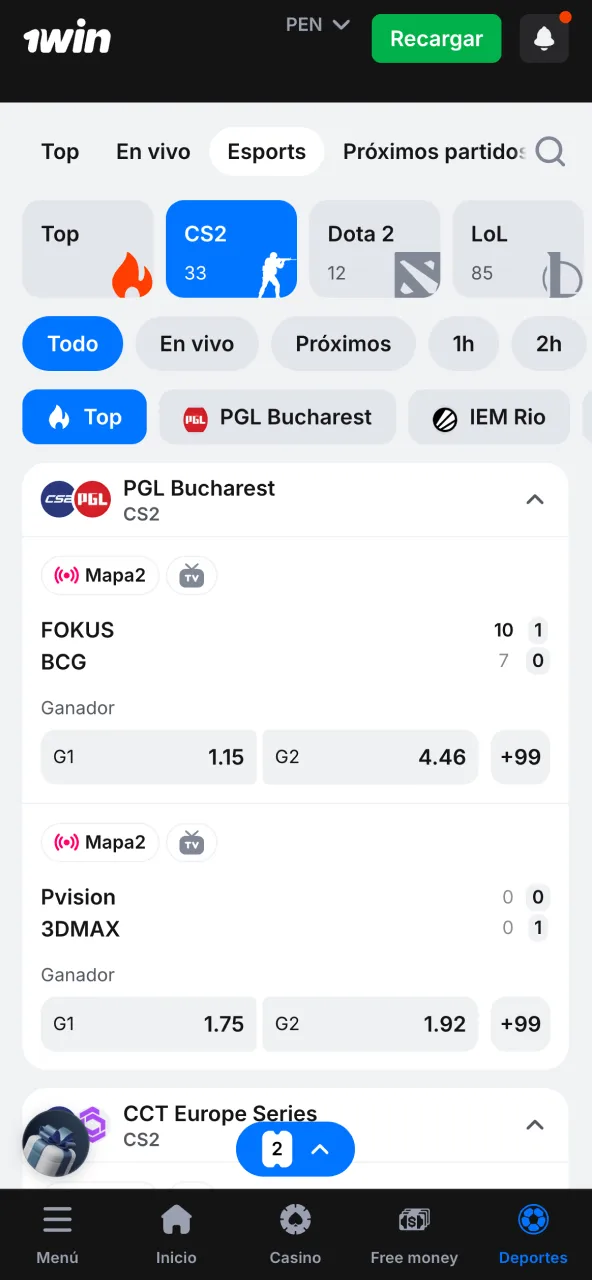 Menú de esports en 1win con partidos y torneos de CS2 para tus pronósticos.