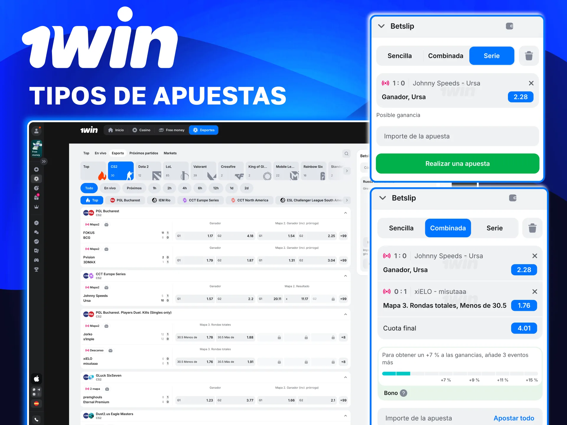 En 1win mercados de CS2 con ganador, total de rondas y marcador correcto.