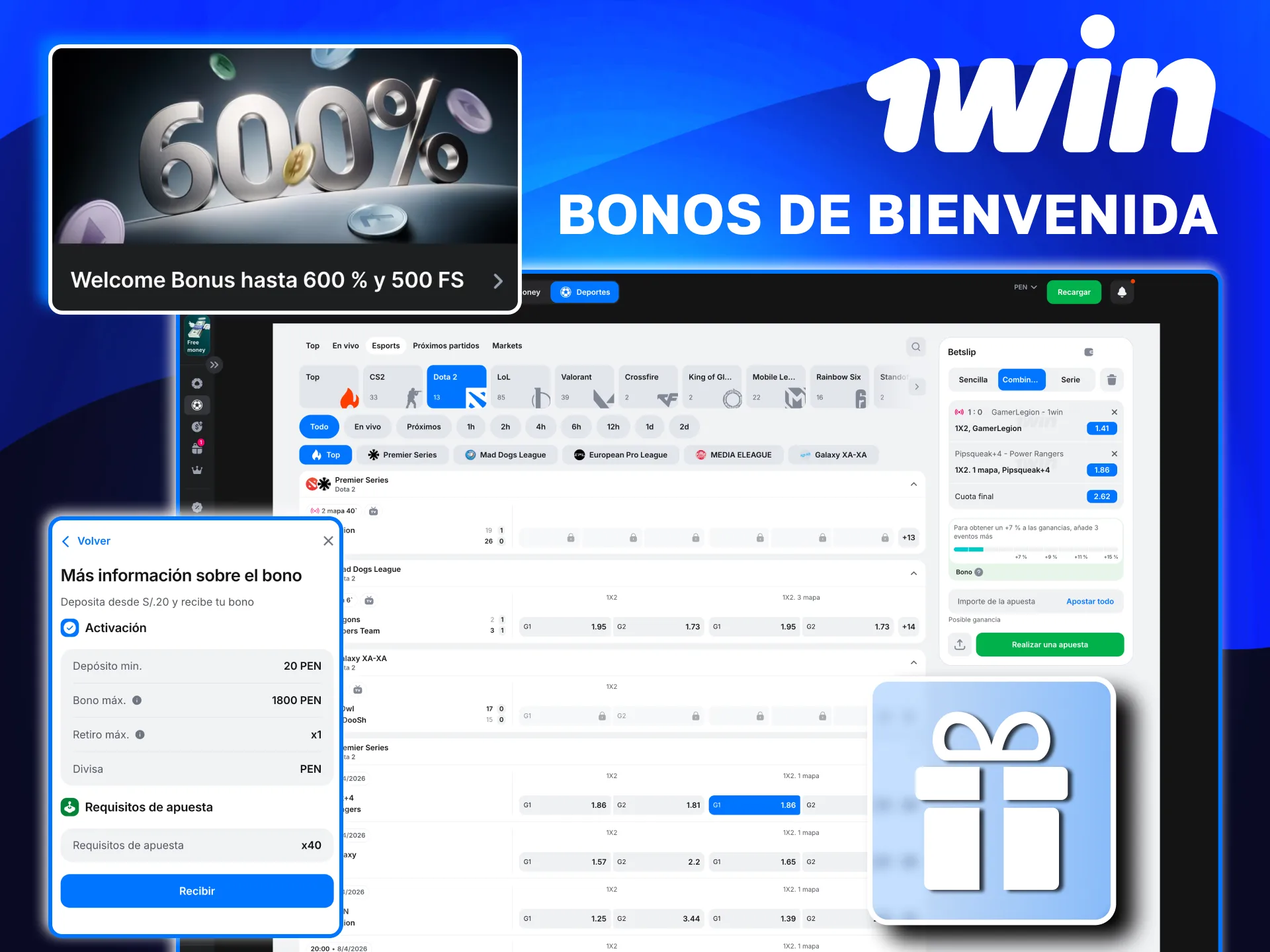 Paquete de bienvenida en 1win con saldo extra y giros gratis para eSports.