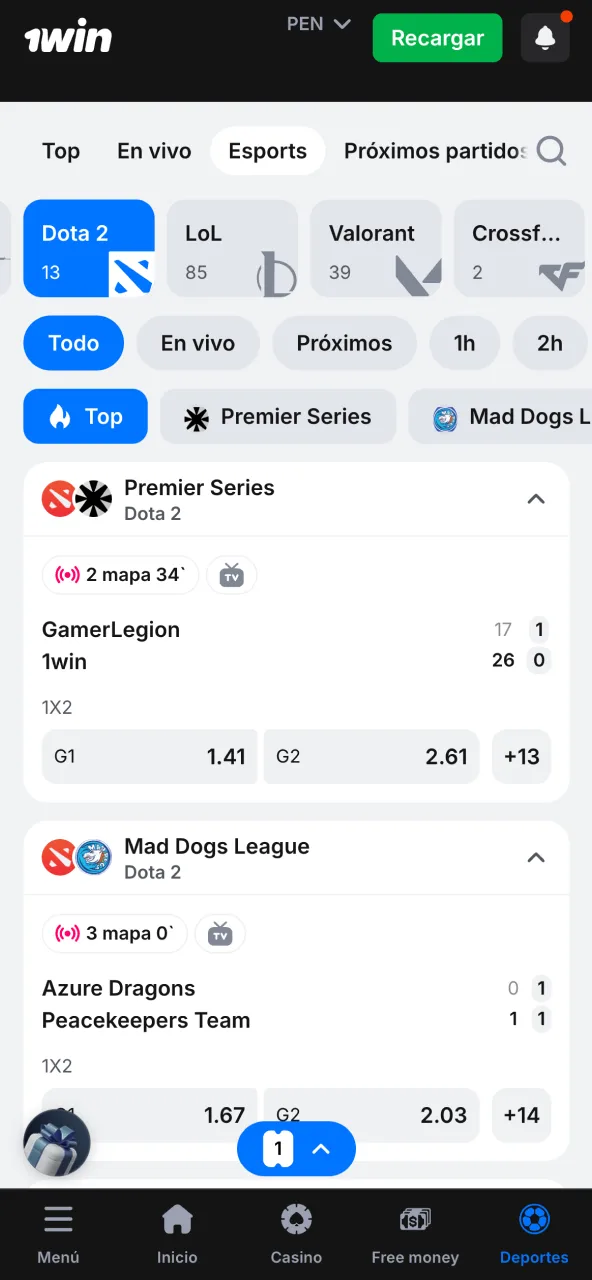 Selecciona Dota 2 en 1win dentro de eSports y revisa ligas y torneos.