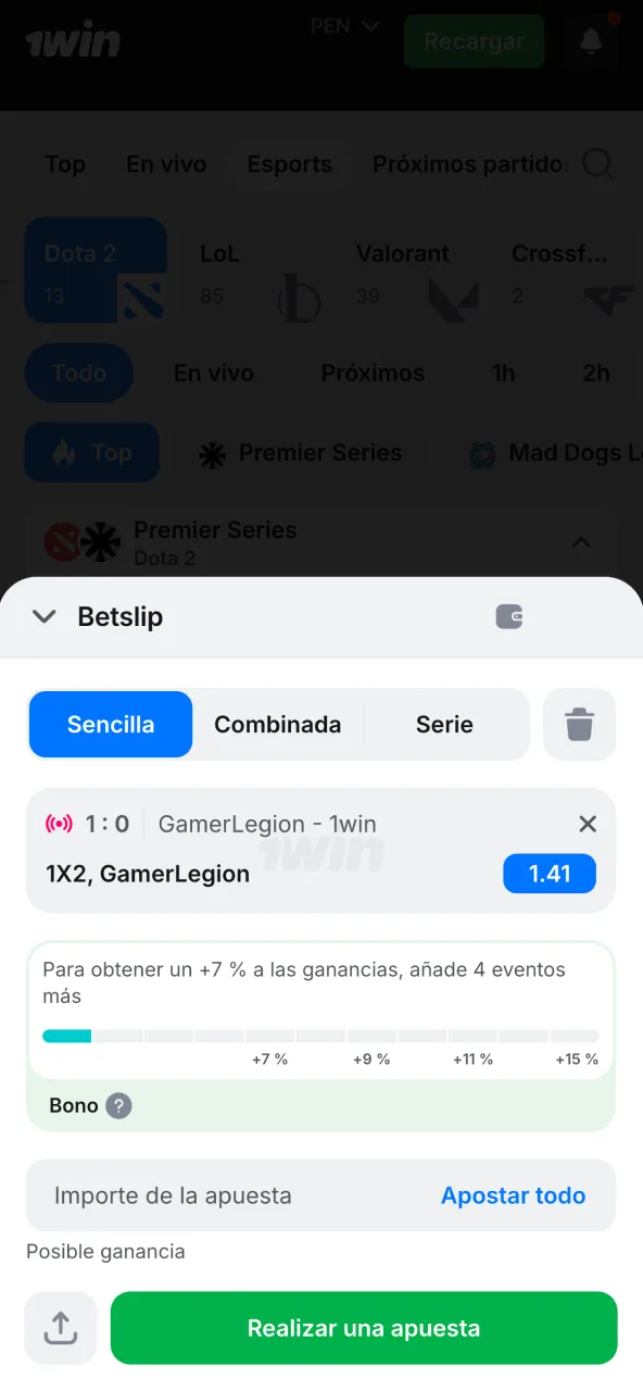 Apuestas en vivo en 1win con selección de partido y confirmación de monto.