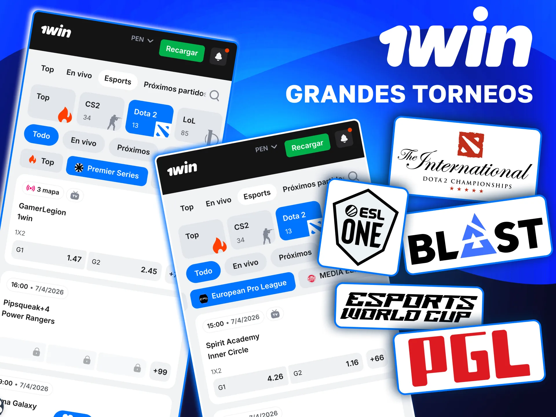 En 1win apuesta en Dota 2 con eventos BLAST, PGL y Esports World Cup.
