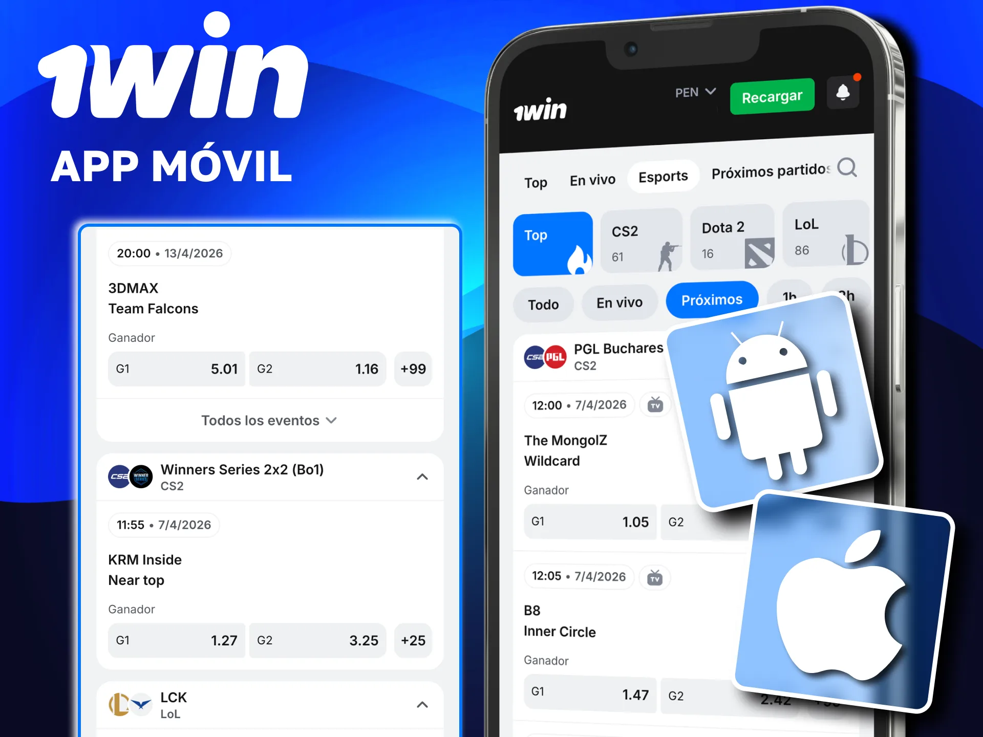En 1win descarga la app, inicia sesión y apuesta en Dota 2, CS2 y LoL.