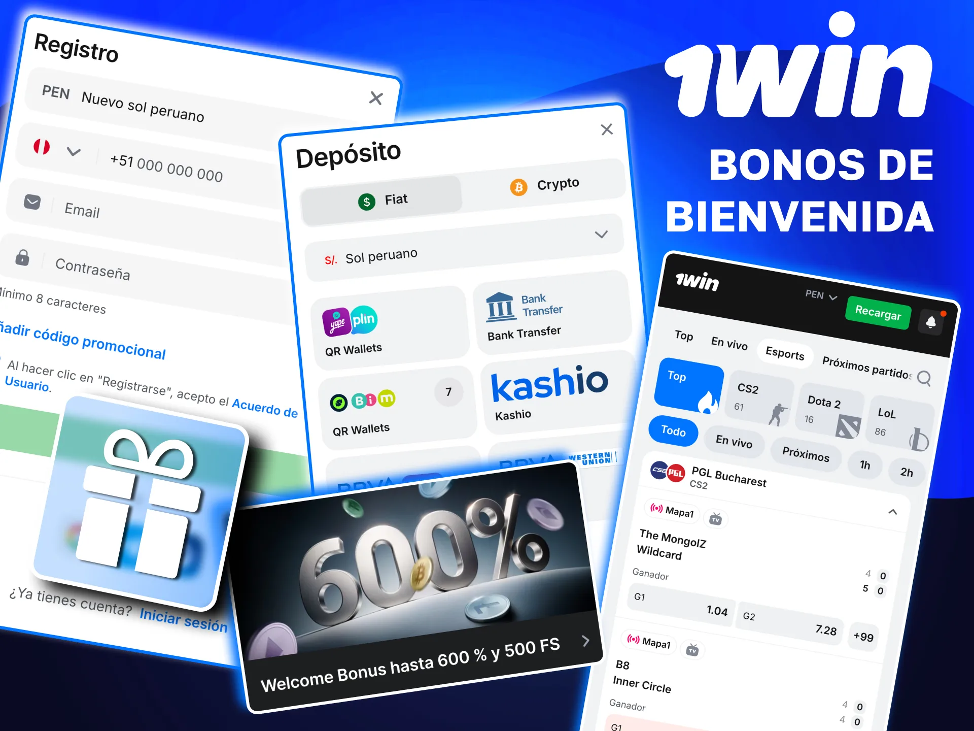 Promoción de bienvenida en 1win con cuatro depósitos bonificados para eSports y casino.