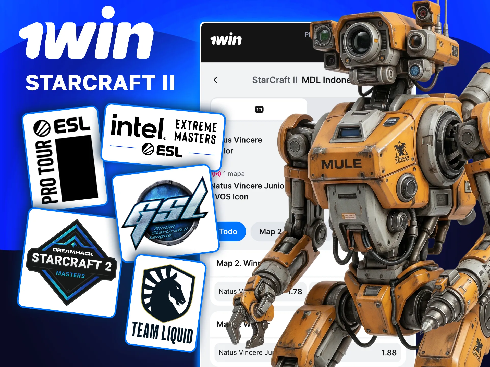 StarCraft II disponible en 1win para apostar en ESL Pro Tour, GSL y DreamHack Masters.