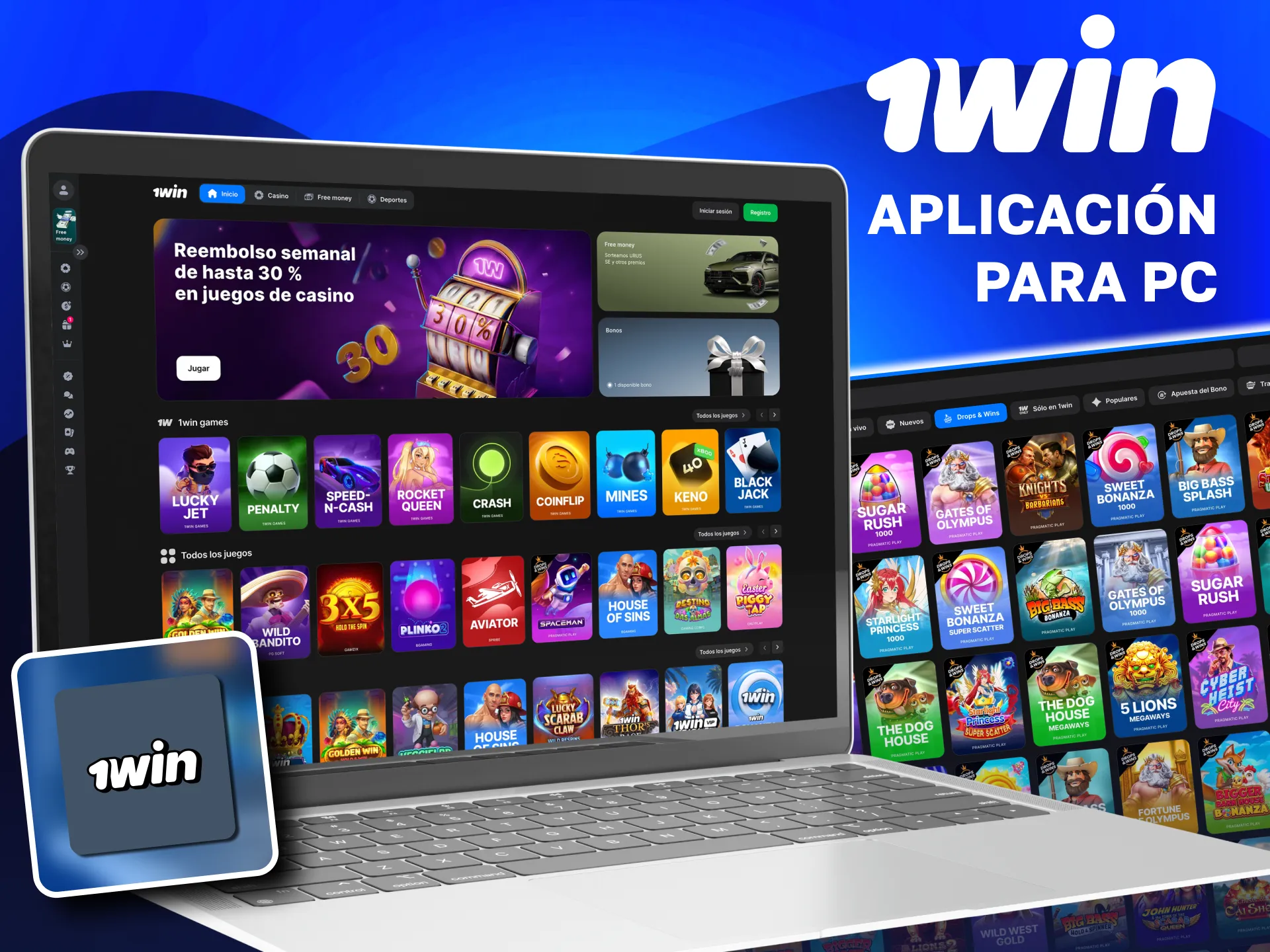 Aplicación 1win para PC con apuestas deportivas y casino online.