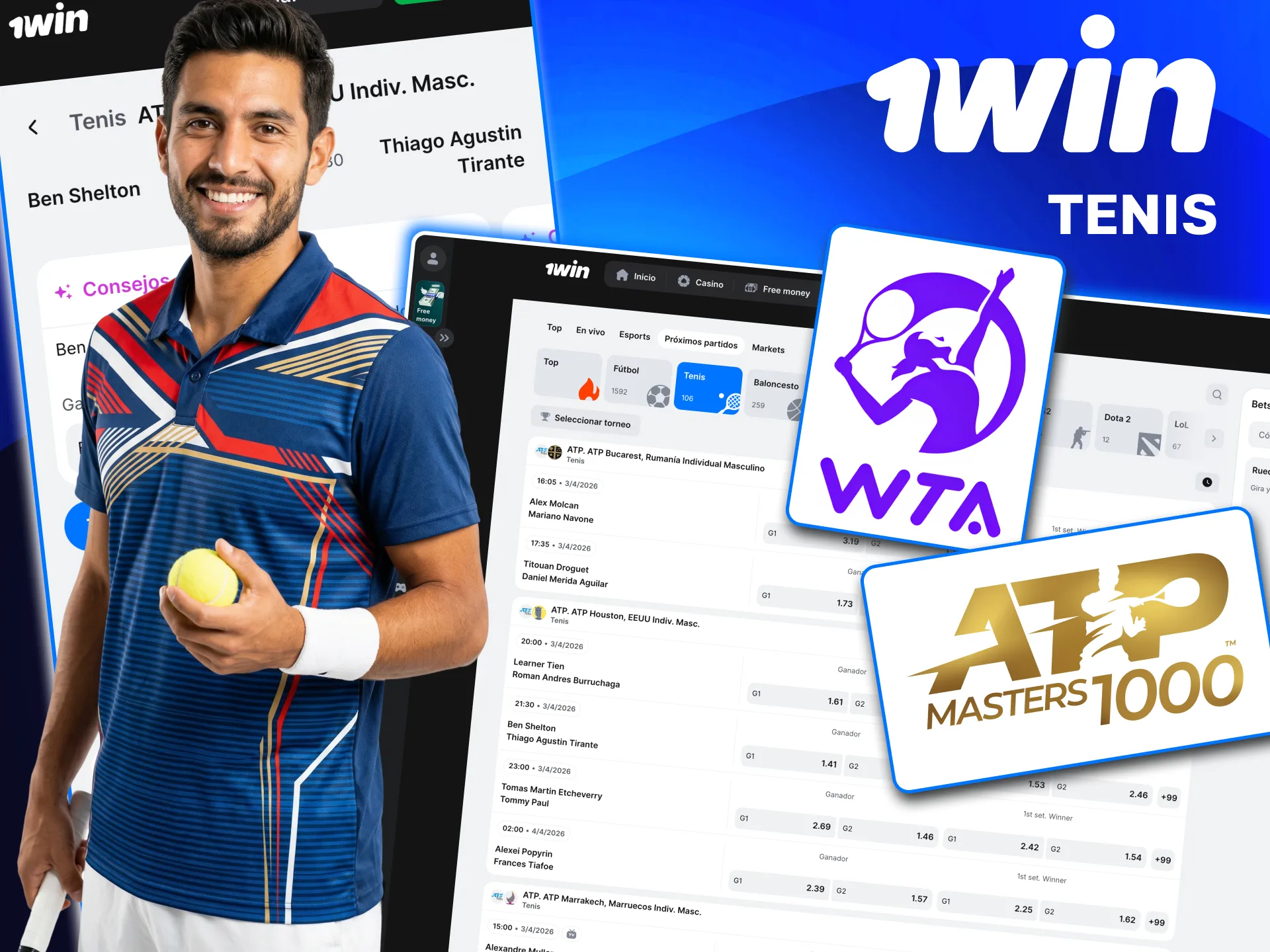 Apuestas de tenis en 1win con sets, puntos y partidos completos.