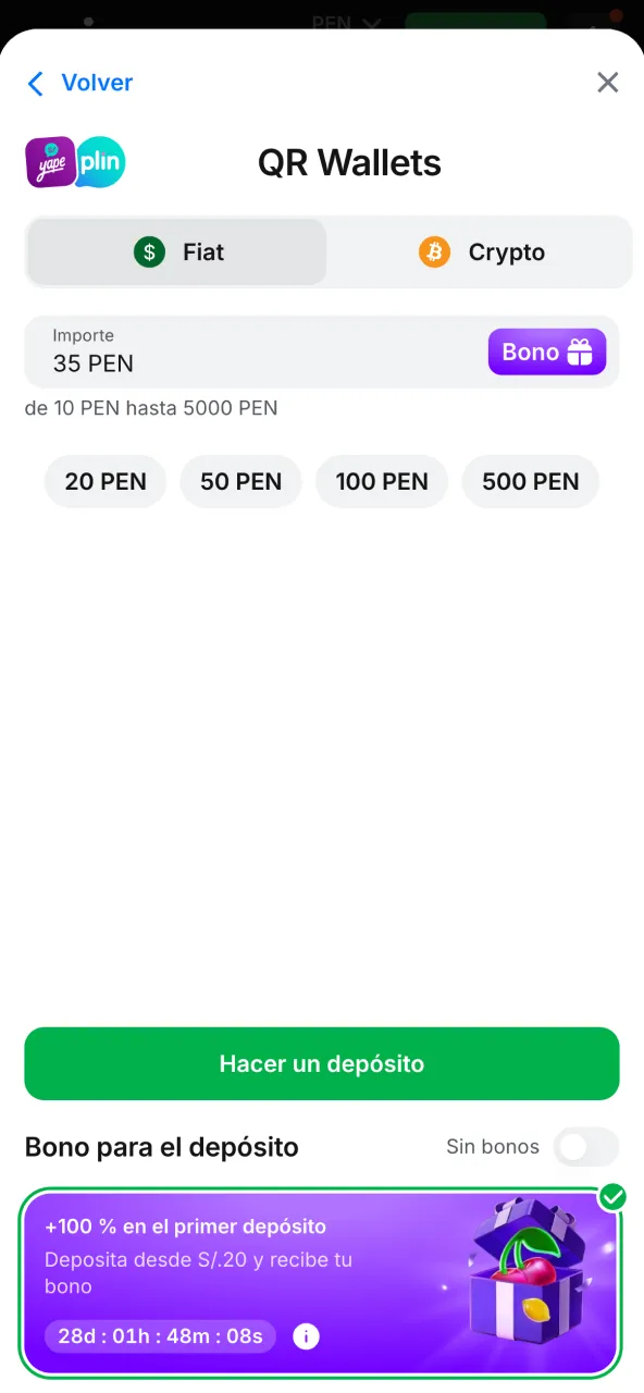 Confirma tu depósito en 1win tras ingresar el monto y autorizar el pago en línea.