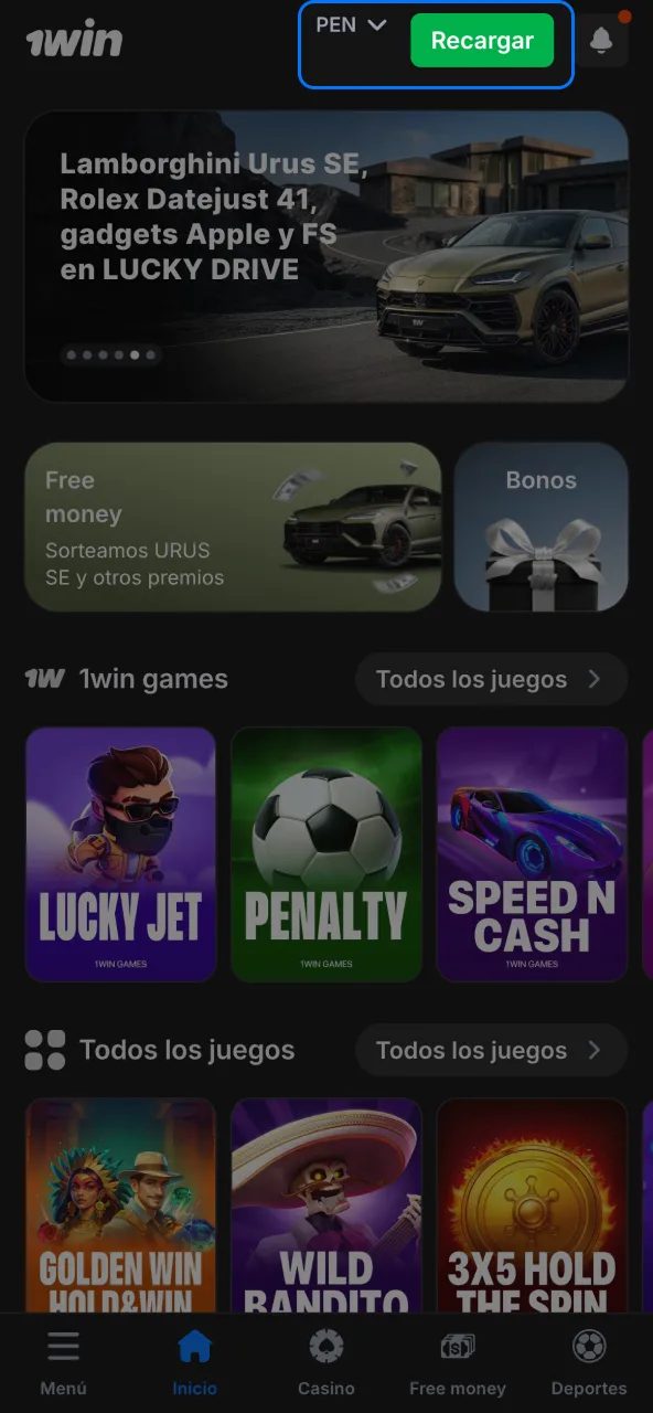 Entra al menú de usuario de 1win y selecciona el apartado de depósitos en soles.