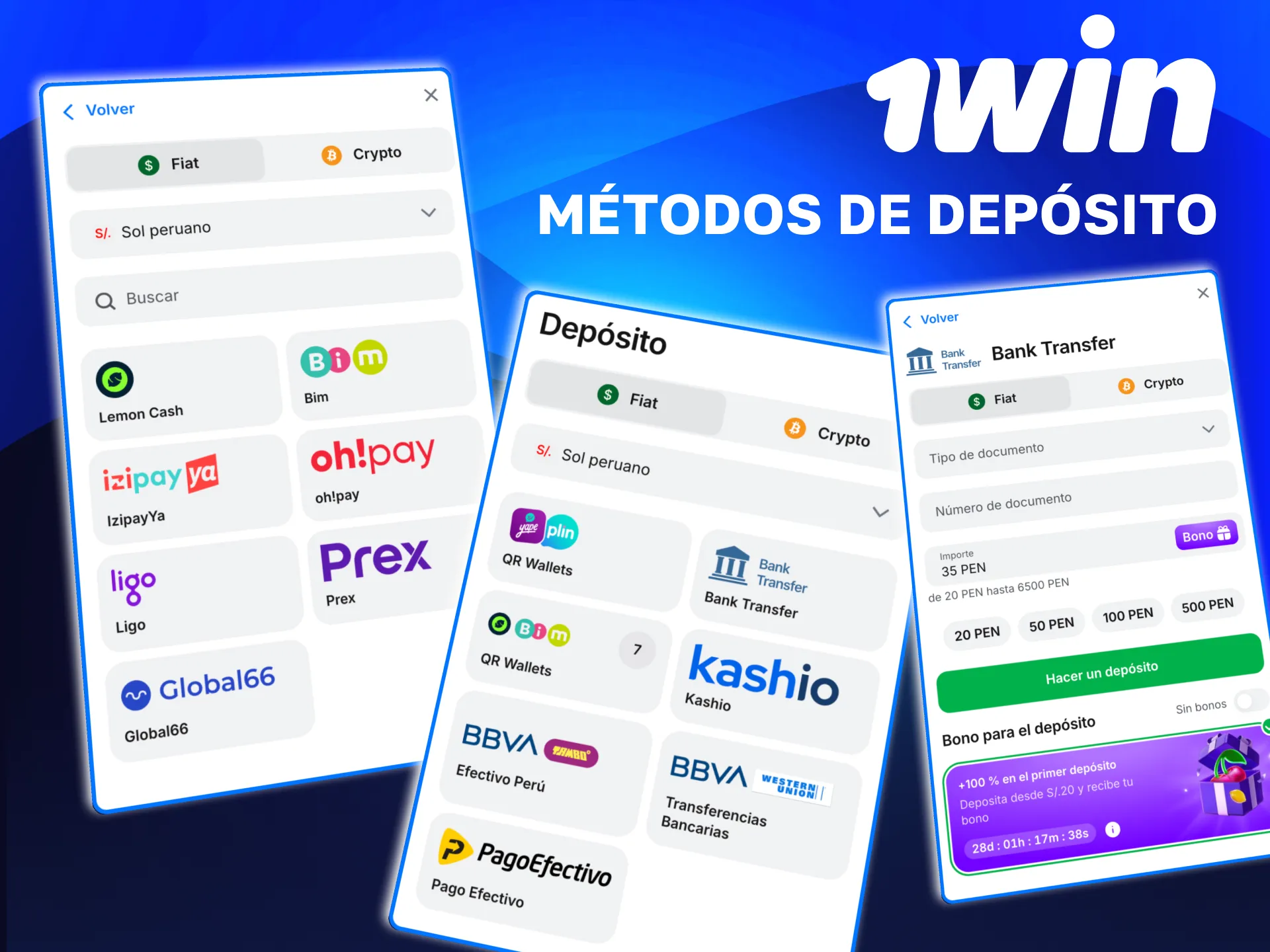 Métodos de depósito en 1win Perú con Yape, Plin, Kashio y bancos locales.