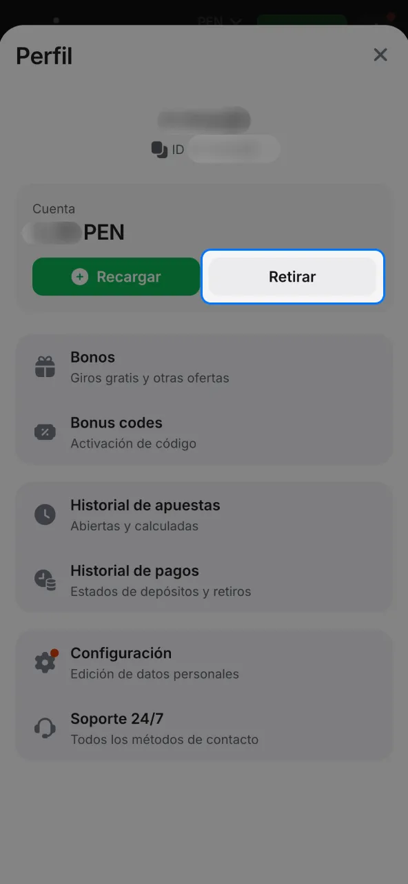 Entra al menú de usuario de 1win y selecciona la opción de retiros seguros.