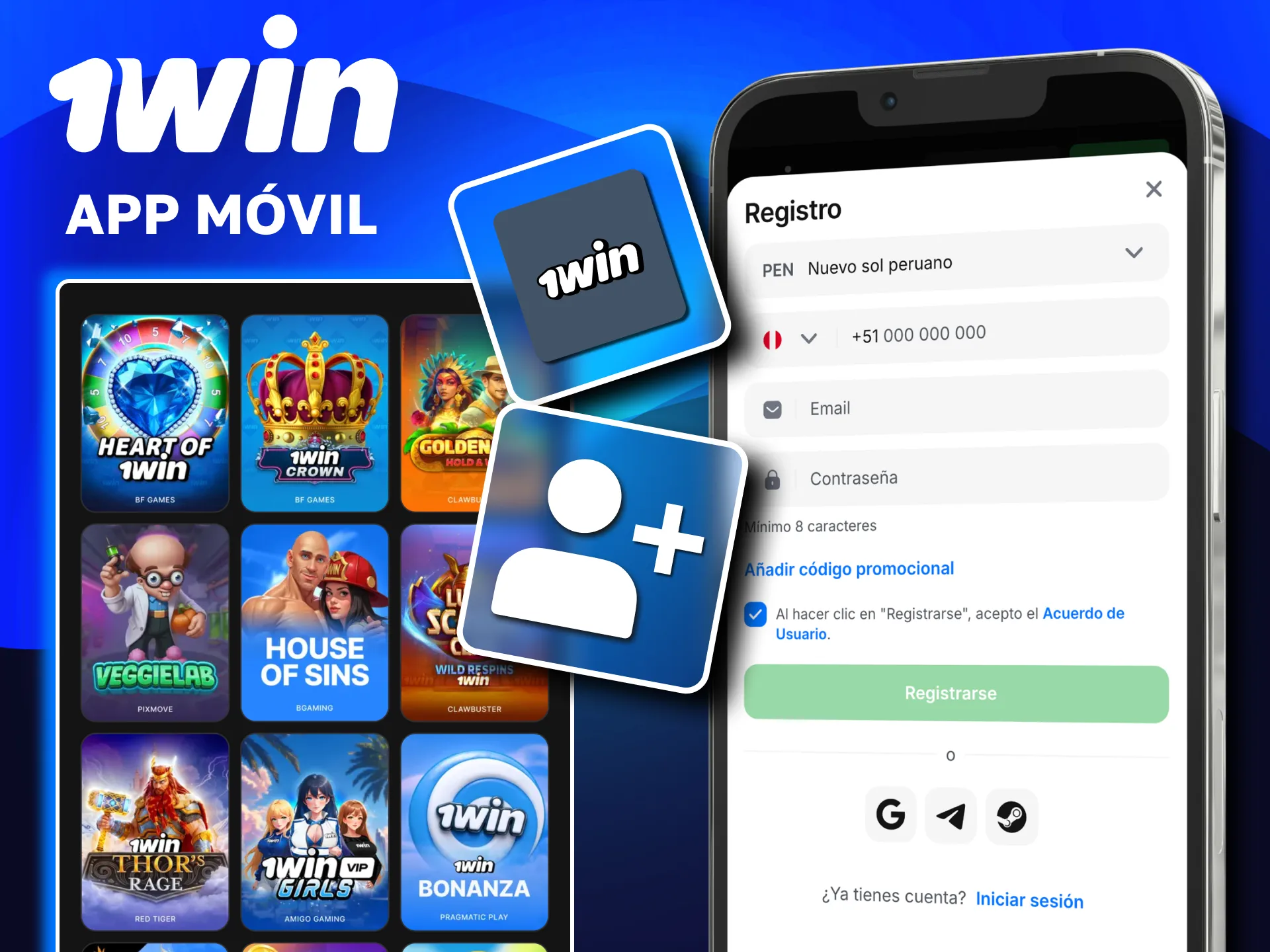 Crear cuenta en 1win app móvil con correo o redes sociales.