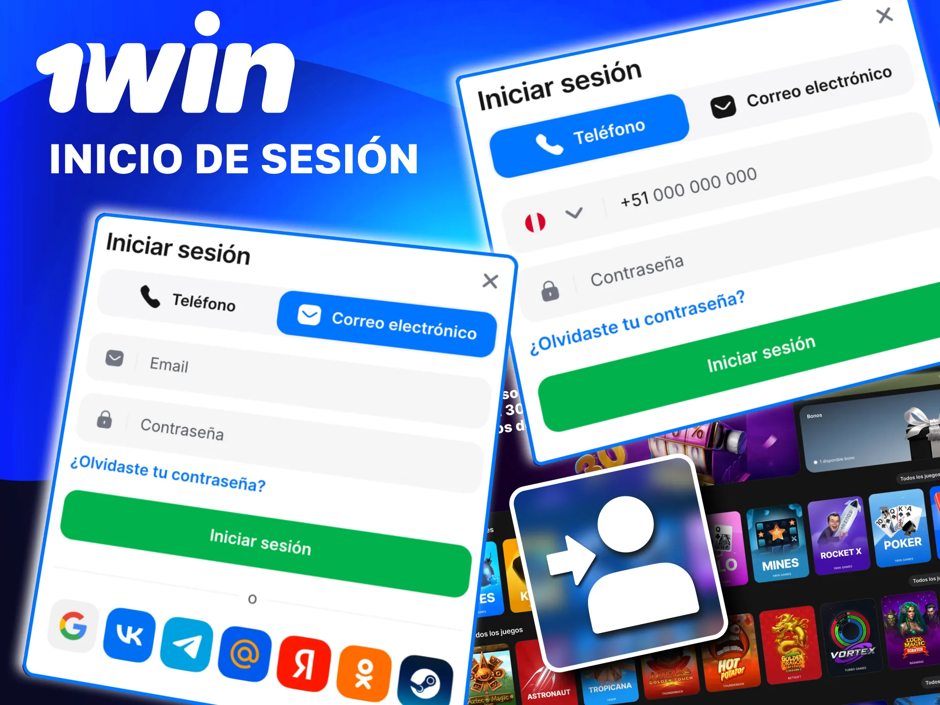 Inicio de sesión en 1win con correo o celular.
