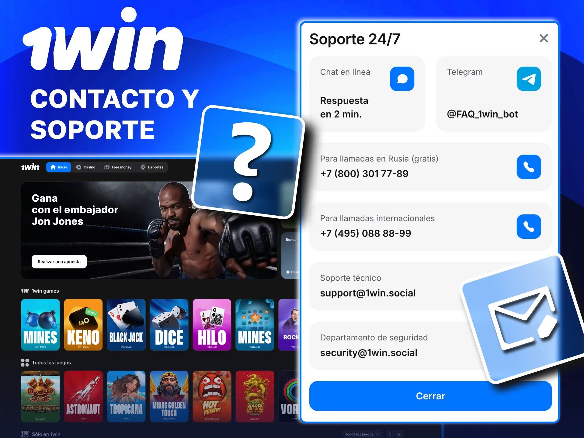 Contacto de soporte en 1win mediante chat, email, redes sociales y preguntas frecuentes.