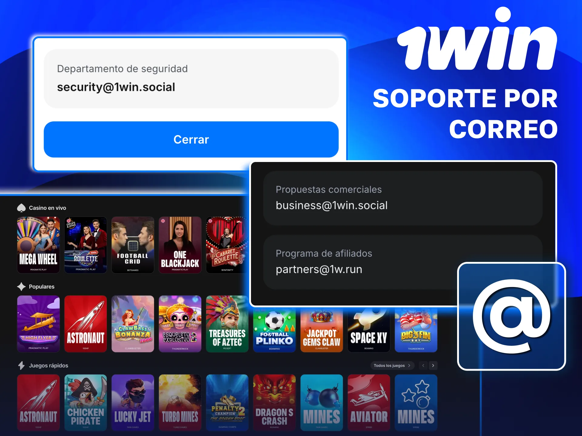 Contacto por correo en 1win para reclamos de depósitos, retiros y seguridad de cuenta.